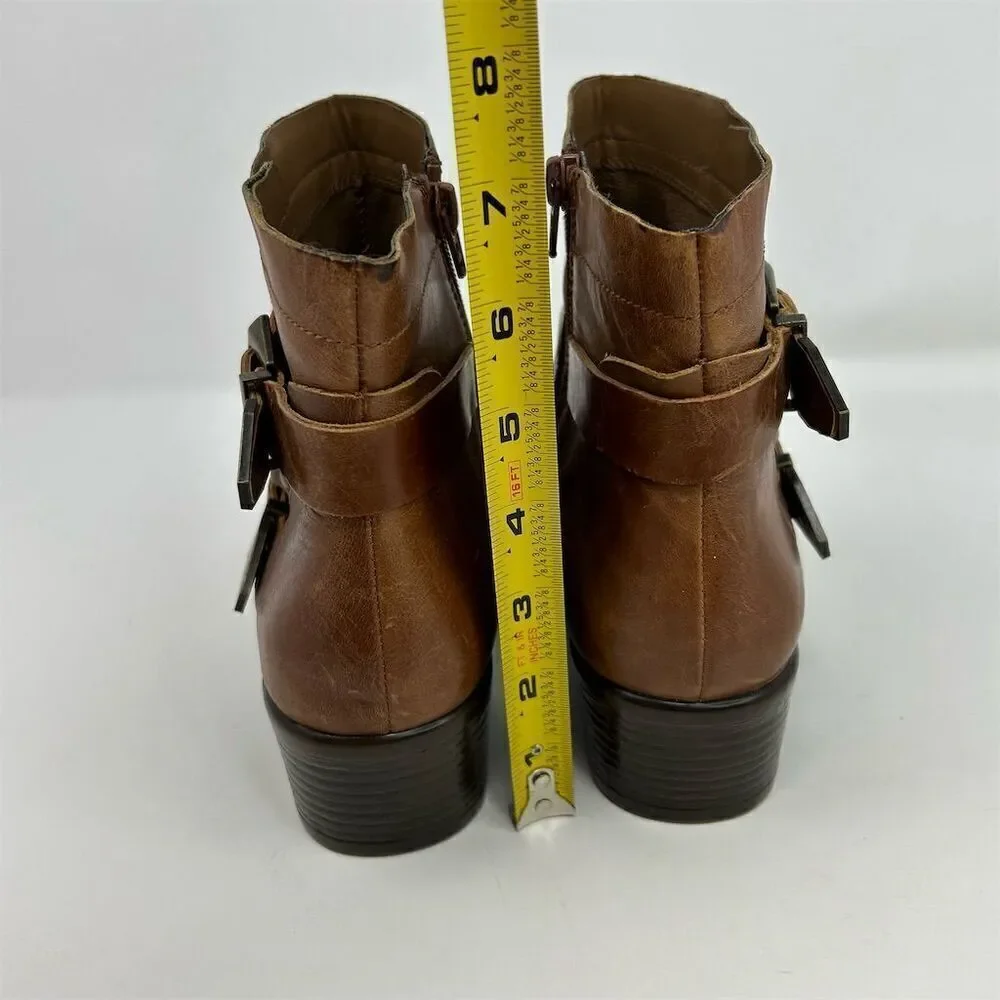Aerosoles Women's My Time Brown Leather Ankle Boots Size 10 Zip Buckle Mid Heel